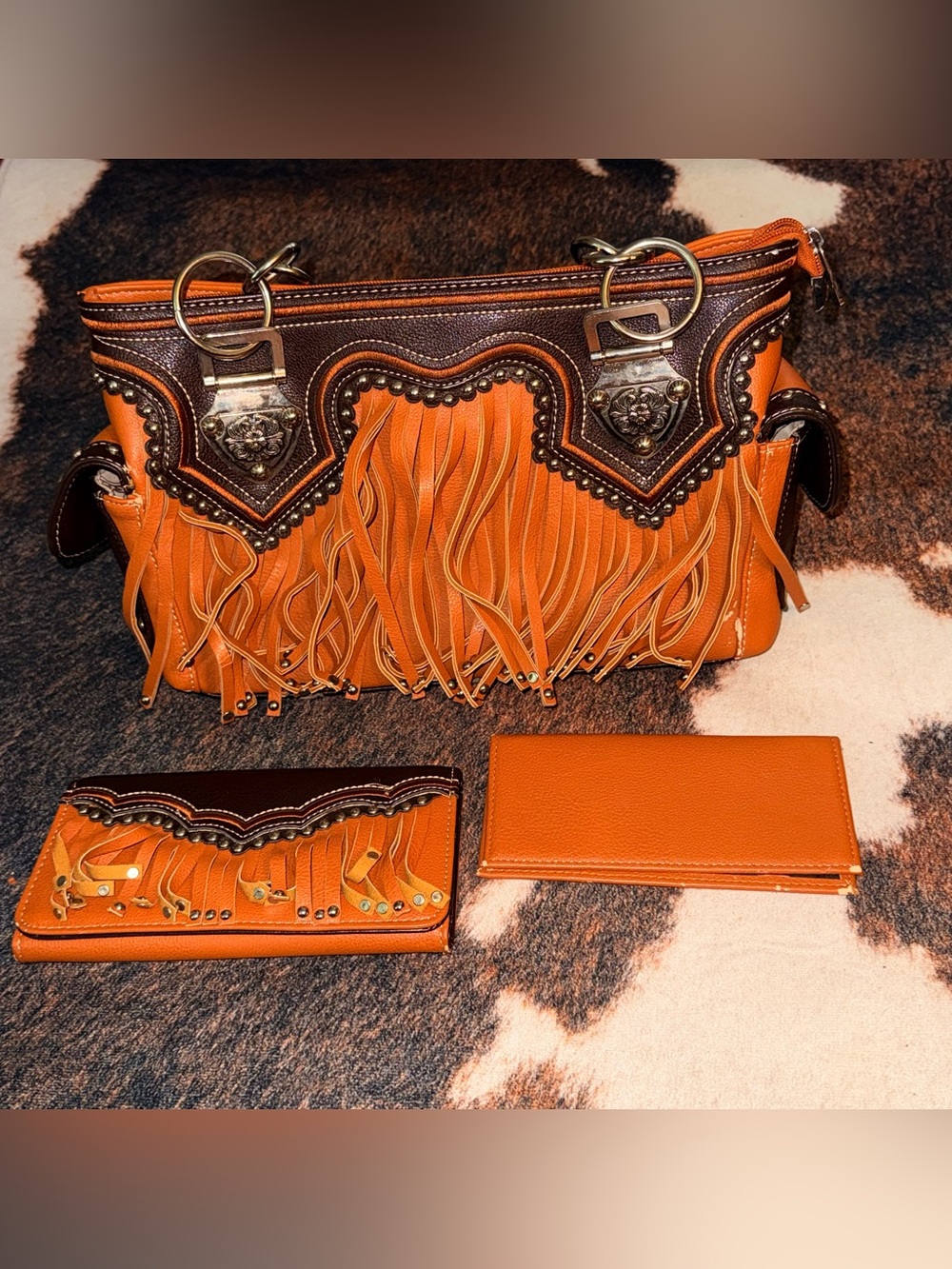 Fringed Western-Style Orange Shoulder Bag with Matching Wallets
